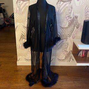 Black lingere robe with feather trim